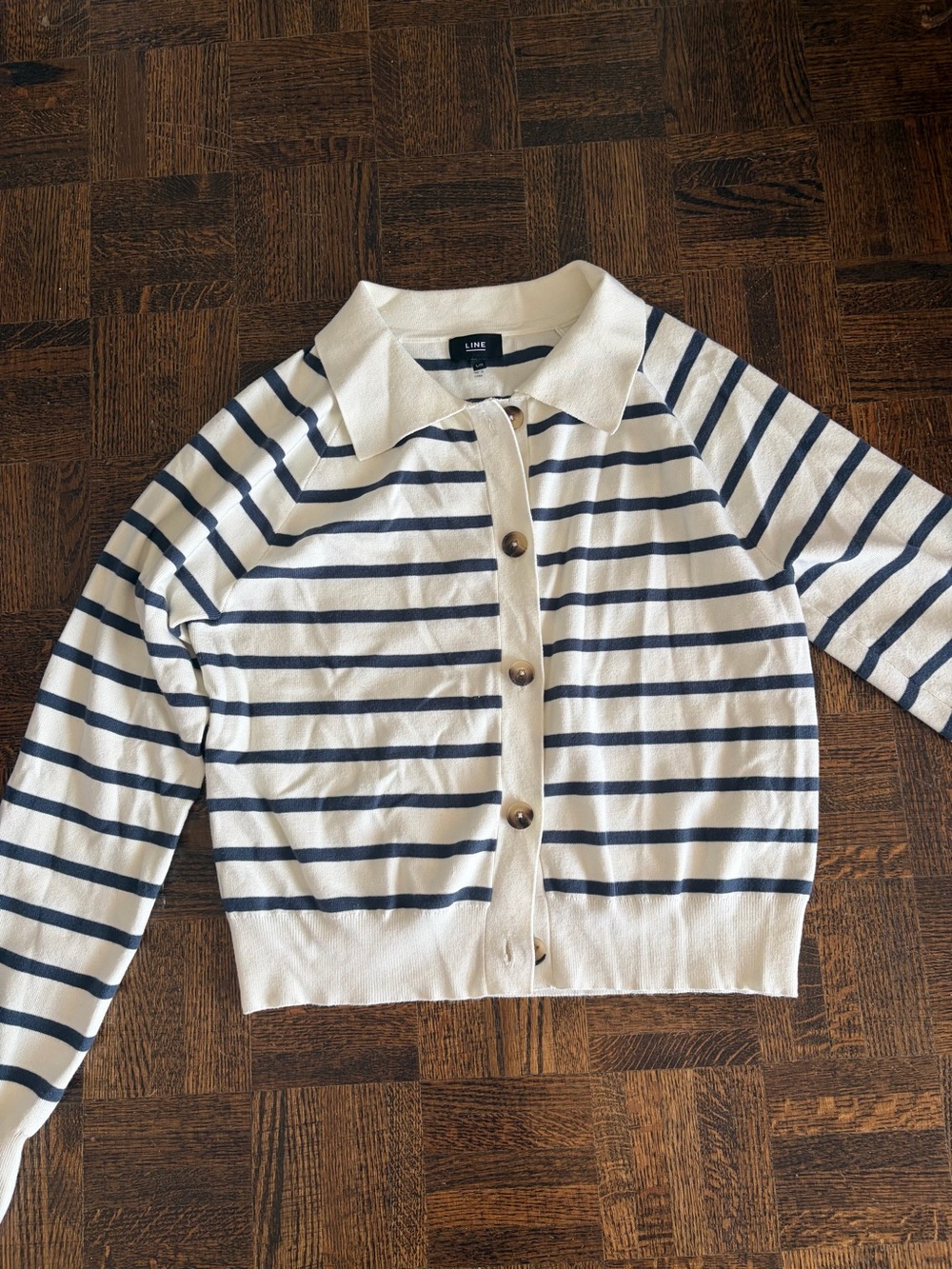 LINE Stripe Button-Front Cardigan Sweater in White and Navy
